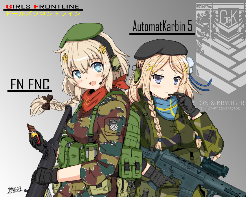 2girls absurdres ak-5 ak5_(girls_frontline) assault_rifle bandanna beret blonde_hair blue_eyes camouflage character_name fn_fnc fn_fnc_(girls_frontline) foregrip girls_frontline gloves gun hair_ornament hat headset highres huge_filesize military military_uniform multiple_girls rifle scope swedish_flag toramaru-913 trigger_discipline uniform violet_eyes weapon