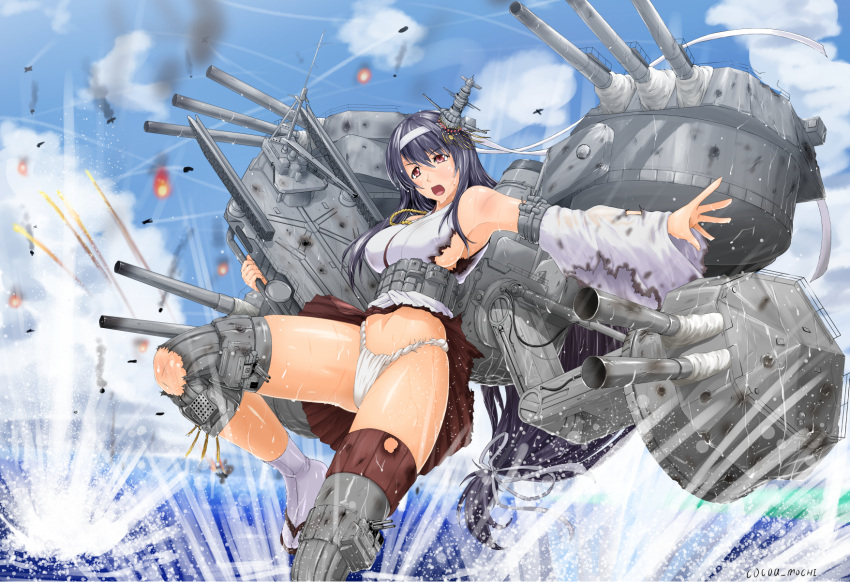 1girl armpits black_hair breasts cannon clouds cocoa_(cocoa0191) commentary_request damaged day detached_sleeves fundoshi fusou_(kantai_collection) hair_ornament highres japanese_clothes kantai_collection large_breasts long_hair low-tied_long_hair nontraditional_miko open_mouth outdoors red_eyes red_skirt remodel_(kantai_collection) rigging skirt sky solo tabi thigh_strap torn_clothes torn_skirt turret very_long_hair wet white_legwear