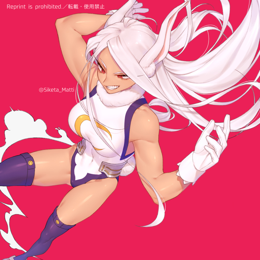 1girl animal_ear_fluff animal_ears arms_up bare_shoulders boku_no_hero_academia breasts bunny_tail covered_navel dark_skin from_above gloves grin highleg highleg_leotard large_breasts leotard long_hair looking_down mirko mizuki_mau rabbit_ears red_background red_eyes smile solo tail teeth thigh-highs twitter_username very_long_hair white_gloves white_hair