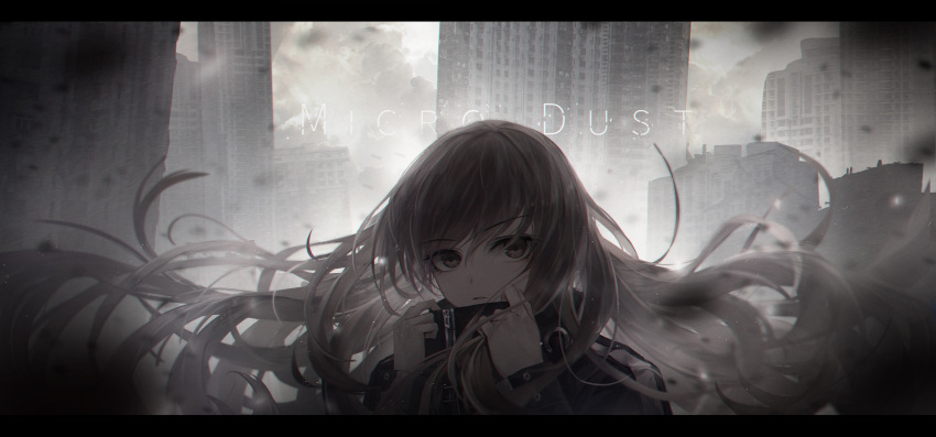 1girl absurdres adjusting_collar building clouds crystalherb day grey_eyes grey_theme hands_up highres jacket long_hair long_sleeves looking_at_viewer original outdoors skyscraper solo track_jacket upper_body very_long_hair zipper