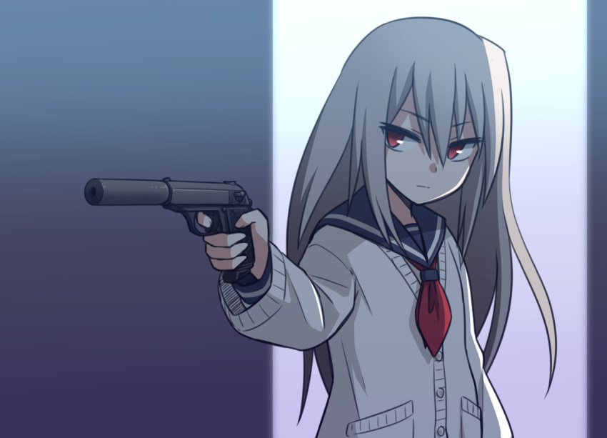 1girl commentary elena_trafalgar finger_on_trigger gun hair_between_eyes handgun holding holding_gun holding_weapon ikune_juugo long_hair original red_eyes school_uniform serafuku silver_hair solo suppressor walther walther_ppk weapon