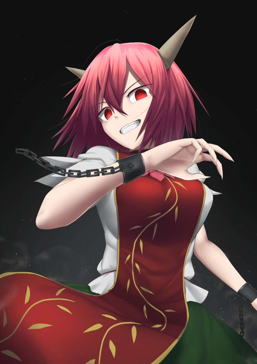 1girl arm_up breasts chains cuffs fangs fingernails flower furrowed_eyebrows gnlo green_skirt grin head_tilt highres horns ibaraki_douji's_arm large_breasts night night_sky pink_hair puffy_short_sleeves puffy_sleeves shackles sharp_fingernails shirt short_hair short_sleeves skirt sky slit_pupils smile solo standing star_(sky) starry_sky tabard teeth touhou untucked_shirt upper_body white_shirt