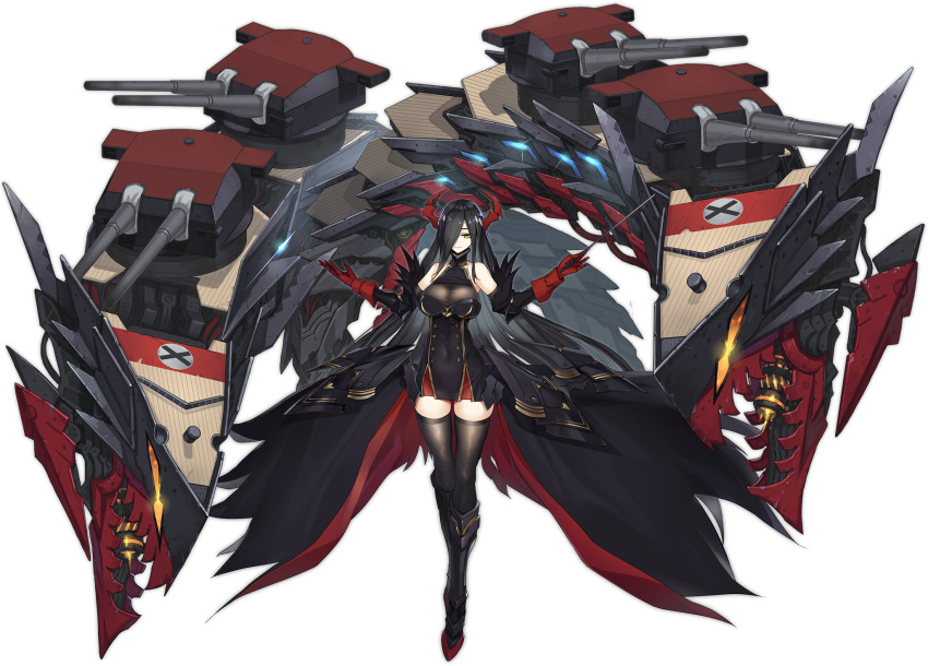 1girl artist_request azur_lane bare_shoulders baton_(instrument) black_hair black_legwear breasts cannon friedrich_der_grosse_(azur_lane) full_body gloves hair_over_one_eye highres holding horns large_breasts long_hair looking_at_viewer machinery official_art red_gloves red_horns rigging smile solo thigh-highs transparent_background turret very_long_hair world_of_warships yellow_eyes