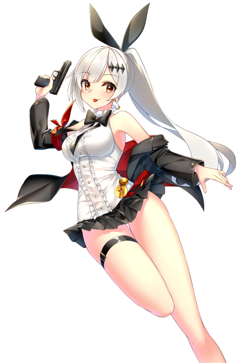 1girl :3 armband armpits bare_legs bare_shoulders black_jacket black_neckwear black_skirt bow bowtie breasts brown_eyes buttons commentary earrings five-seven_(girls_frontline) five-seven_(gun) frilled_shirt frills girls_frontline gun hair_ornament hair_ribbon hand_up handgun highres holding holding_gun holding_weapon jacket jewelry large_breasts long_hair long_sleeves looking_at_viewer miniskirt object_namesake off_shoulder open_clothes open_jacket pleated_skirt ribbon rukinya_(nyanko_mogumogu) shirt sidelocks simple_background skirt sleeveless sleeveless_shirt smiley_face solo standing standing_on_one_leg thigh_strap thighs tongue tongue_out very_long_hair weapon white_background white_hair white_shirt wing_collar