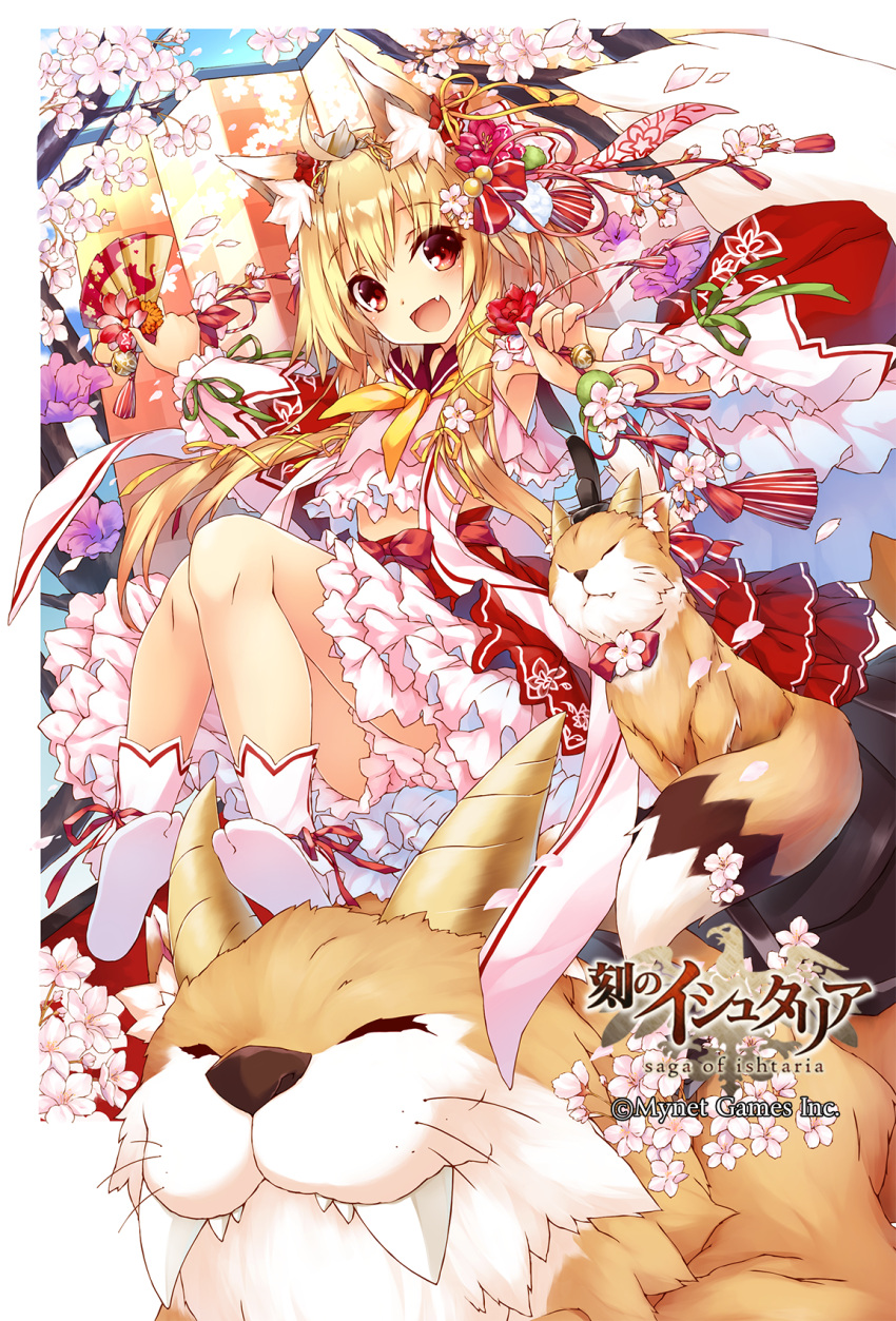 1girl :d age_of_ishtaria ahoge animal animal_ear_fluff animal_ears bangs bare_shoulders blush cat_ears cat_girl cat_tail character_request copyright_name eyebrows_visible_through_hair fan fang flower folding_fan hair_between_eyes hair_flower hair_ornament highres holding horns long_sleeves no_shoes open_mouth pink_flower pink_shirt pleated_skirt red_eyes red_flower red_sailor_collar red_skirt red_sleeves saeki_touma sailor_collar school_uniform serafuku shirt skirt sleeveless sleeveless_shirt smile socks soles solo tail tree_branch watermark white_legwear wide_sleeves