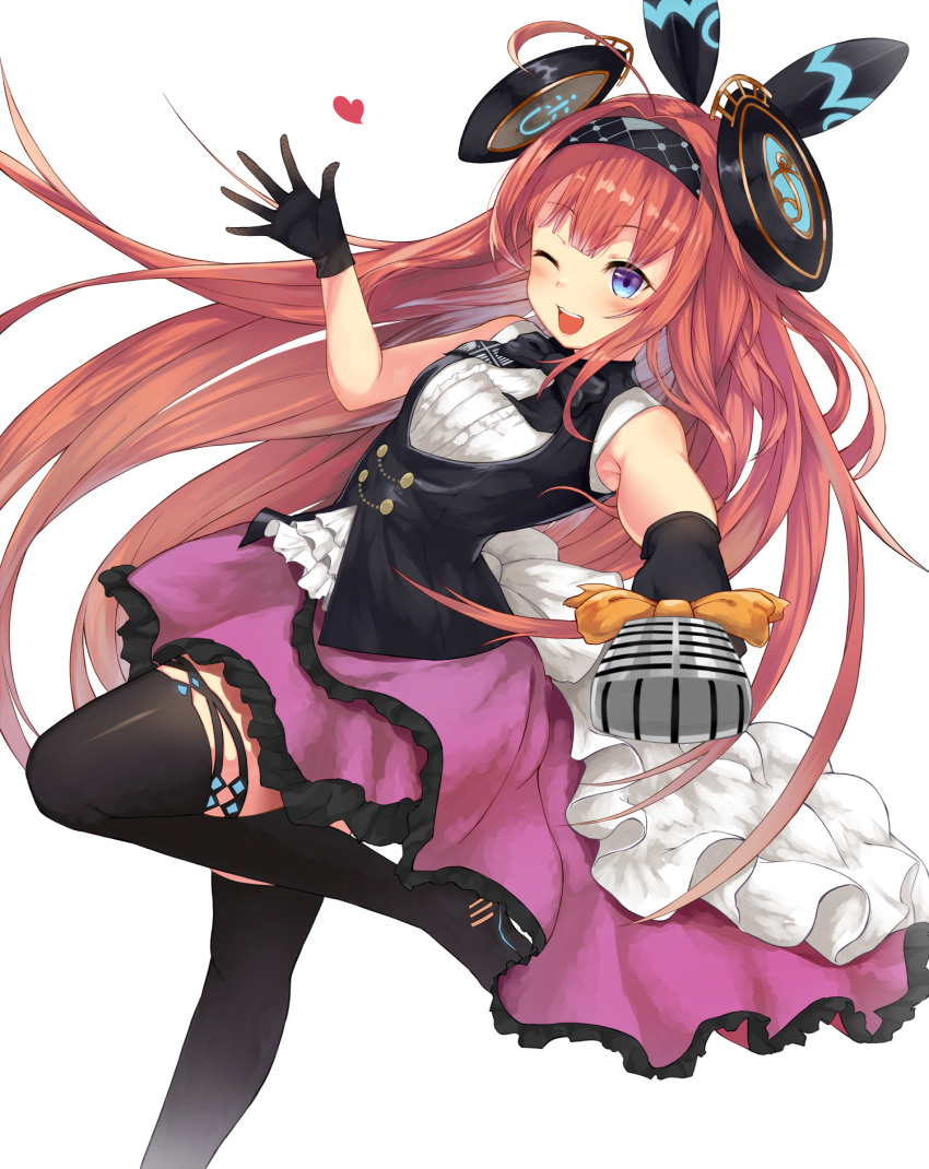 1girl ;d black_footwear black_gloves black_hairband black_neckwear blue_eyes blush boots bow eyebrows_visible_through_hair floating_hair frilled_skirt frills gloves hairband heart highres holding holding_microphone layered_skirt lishenna_omen_of_destruction long_hair microphone one_eye_closed open_mouth orange_bow outstretched_arm purple_skirt redhead shadowverse shiny shiny_hair shirt simple_background skirt sleeveless sleeveless_shirt smile solo standing standing_on_one_leg thigh-highs thigh_boots very_long_hair white_background white_shirt yamato_(muchuu_paradigm)