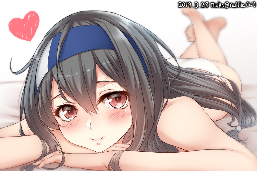 1girl artist_name ass black_hair blush dated hatsushimo_(kantai_collection) headband heart highres kantai_collection long_hair looking_at_viewer low-tied_long_hair lying nuka_(nvkka) on_stomach panties red_eyes remodel_(kantai_collection) smile solo underwear white_panties