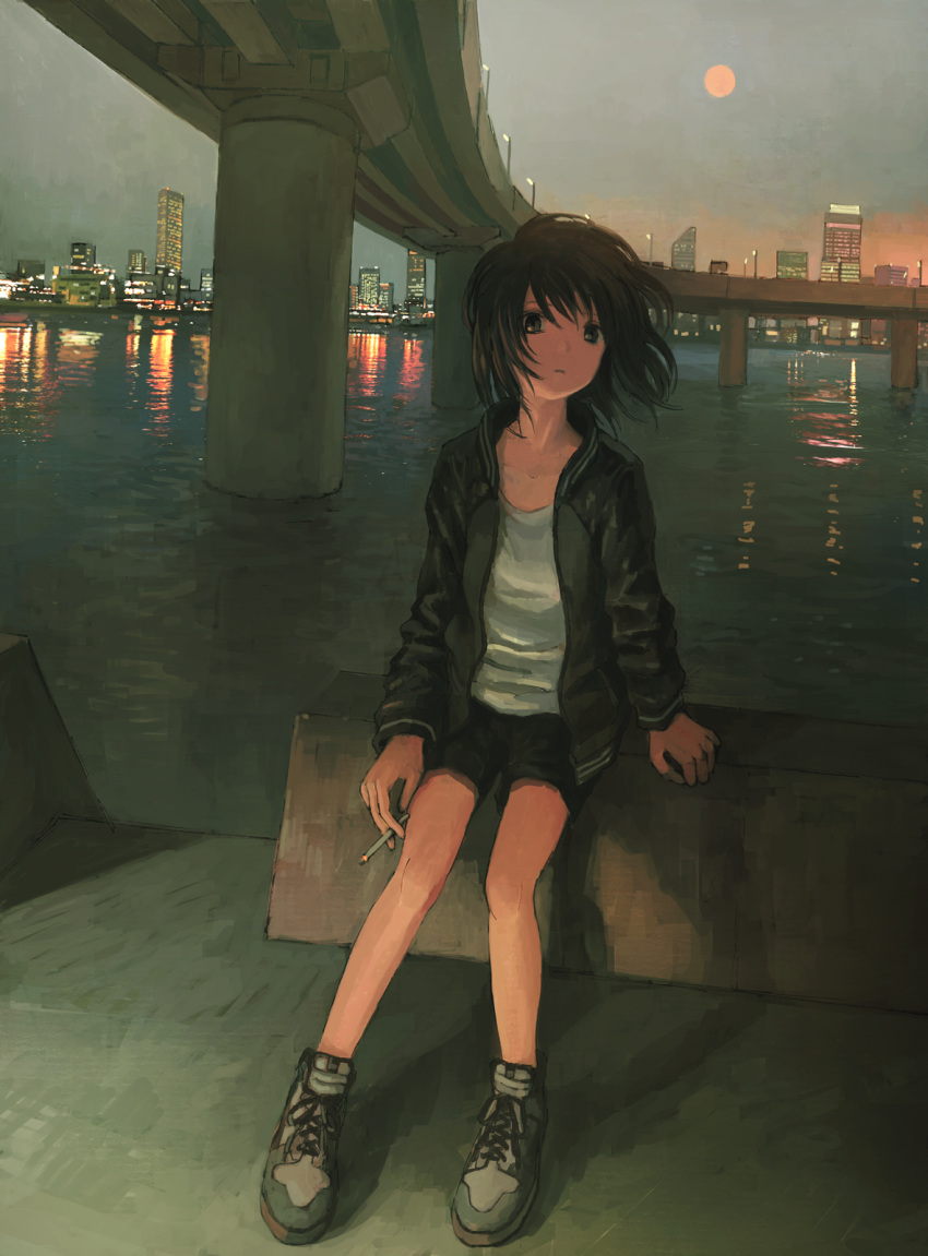 1girl arm_support bare_legs bay black_eyes black_hair black_jacket black_shorts building cigarette city city_lights cityscape closed_mouth expressionless full_body full_moon highres highway holding holding_cigarette jacket long_sleeves looking_at_viewer moon open_clothes open_jacket original outdoors pier shirt shoes short_hair short_shorts shorts sitting sneakers solo tokunaga_akimasa water white_shirt