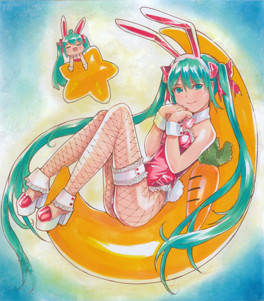 1girl animal_ears aqua_hair blue_eyes blush bow bunny_girl bunny_tail bunnysuit crescent detached_collar eyebrows_visible_through_hair fishnet_legwear fishnet_pantyhose fishnets floating_hair from_side full_body hair_bow hairband hatsune_miku highres leotard long_hair looking_at_viewer marker_(medium) mayo_riyo nail_polish pantyhose pink_neckwear rabbit_ears red_bow red_leotard red_nails smile solo star strapless strapless_leotard tail thigh_strap traditional_media very_long_hair vocaloid white_hairband