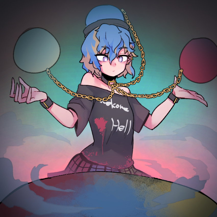 1girl bangs bare_shoulders black_choker black_shirt blue_background blue_eyes blue_hair blue_skirt breasts chains choker clothes_writing commentary_request cowboy_shot ear_piercing earth_(ornament) eyebrows_visible_through_hair gradient gradient_background green_skirt hair_between_eyes hands_up hecatia_lapislazuli hecatia_lapislazuli_(earth) highres korean_commentary looking_at_viewer miniskirt moon_(ornament) multicolored multicolored_clothes multicolored_skirt off-shoulder_shirt off_shoulder piercing pigeoncrow pink_background plaid plaid_skirt polos_crown red_skirt shirt short_hair short_sleeves skirt small_breasts solo t-shirt touhou wristband