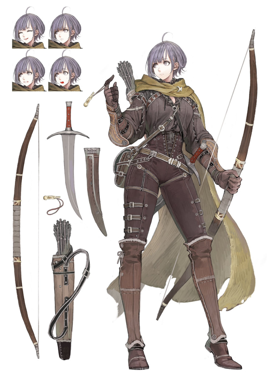 1girl ahoge angry archery arrow boots bow_(weapon) character_sheet commentary_request expressions expressive_hair full_body highres holding holding_bow_(weapon) holding_weapon jun_(seojh1029) knife looking_at_viewer multiple_views original quiver scared short_hair silver_hair simple_background smile solo weapon white_background