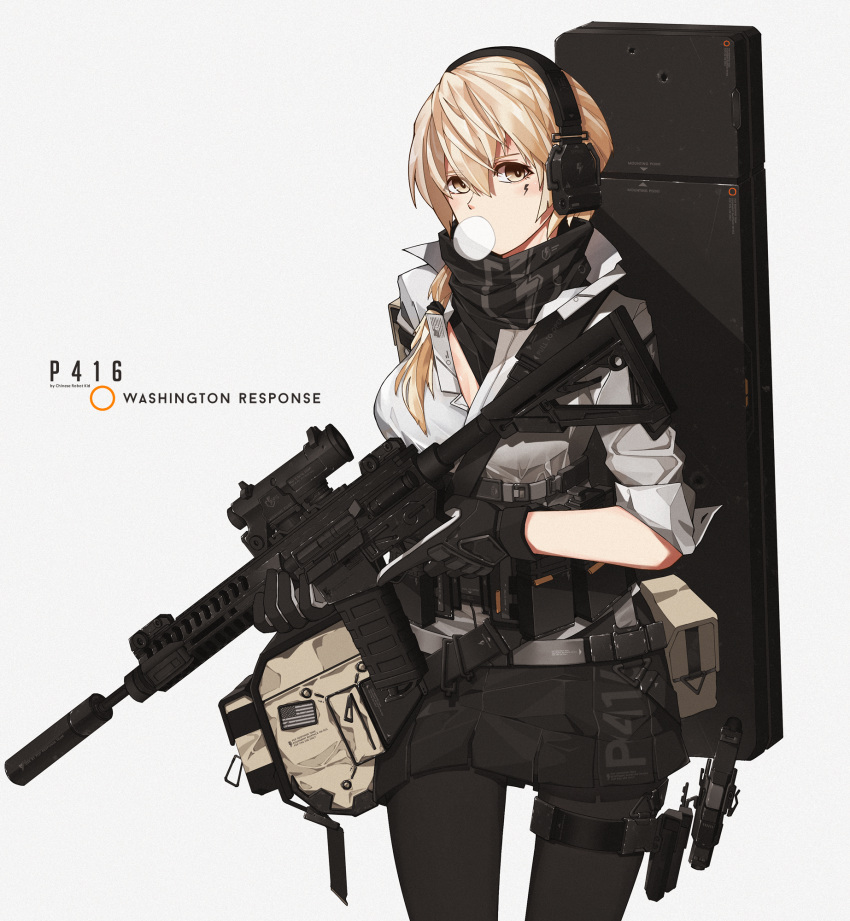 1girl assault_rifle blonde_hair bubble_blowing chewing_gum chinese_commentary chinese_robot_kid commentary_request ear_protection facial_tattoo gloves gun handgun highres holding holding_gun holding_weapon holster huge_filesize long_hair looking_at_viewer original p416 pistol ponytail rifle simple_background solo suppressor tattoo tom_clancy's_the_division weapon yellow_eyes