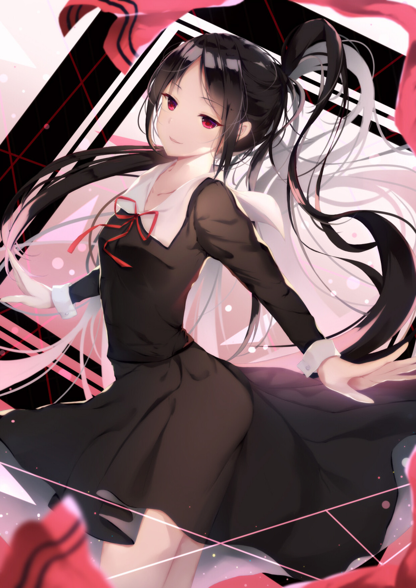 1girl black_dress black_hair collarbone commentary dress eyebrows_visible_through_hair hair_ribbon highres kaguya-sama_wa_kokurasetai_~tensai-tachi_no_renai_zunousen~ long_hair long_sleeves looking_at_viewer open_mouth red_eyes ribbon sailor_collar school_uniform shinomiya_kaguya sidelocks sleeve_cuffs smile solo spinning standing tamakinoki untied