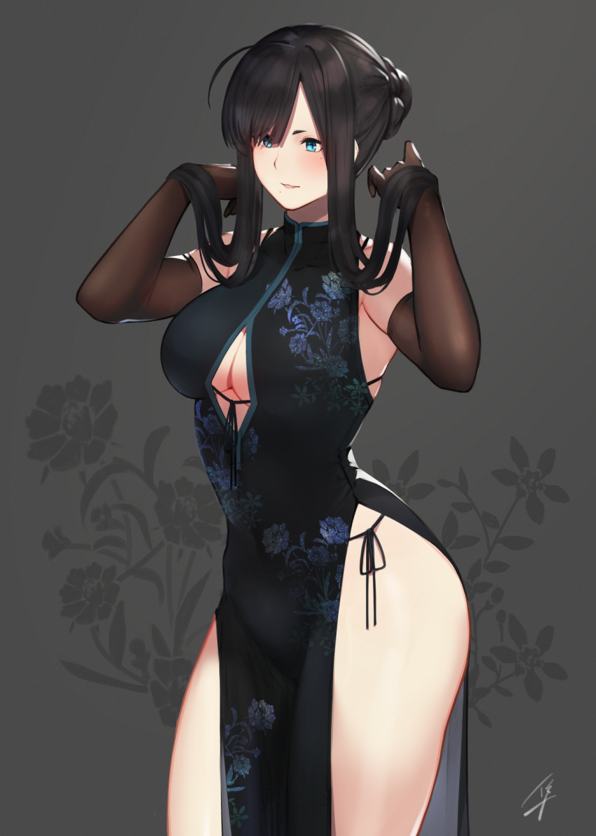 1girl ahoge bangs black_bra black_dress black_hair blue_eyes blush bra breasts brown_gloves center_opening china_dress chinese_clothes cleavage cowboy_shot dress elbow_gloves floral_print front-tie_bra gloves hair_bun hands_up hayabusa highres long_hair looking_away mole mole_under_eye mole_under_mouth open_mouth original panties pelvic_curtain short_eyebrows side-tie_panties sidelocks signature skindentation smile solo thighs underwear