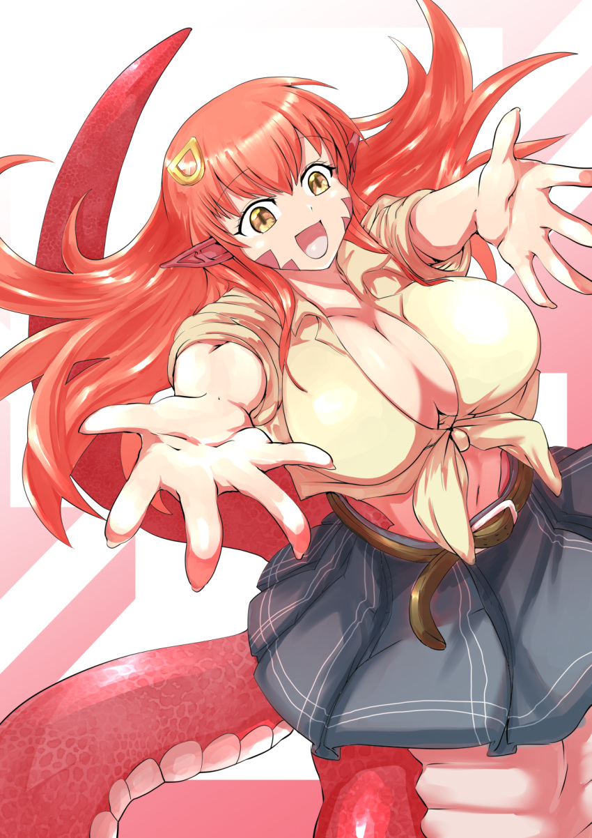 1girl belt breasts eyebrows_visible_through_hair front-tie_top hair_between_eyes hair_ornament hairclip happy highres hug incoming_hug jewelry lamia large_breasts long_hair midriff miia_(monster_musume) miniskirt monster_girl monster_musume_no_iru_nichijou navel no_bra open_hands open_mouth pleated_skirt pointy_ears redhead scales shirt simple_background skirt slit_pupils solo tail tied_shirt yellow_eyes zetsu_(zyej5442)