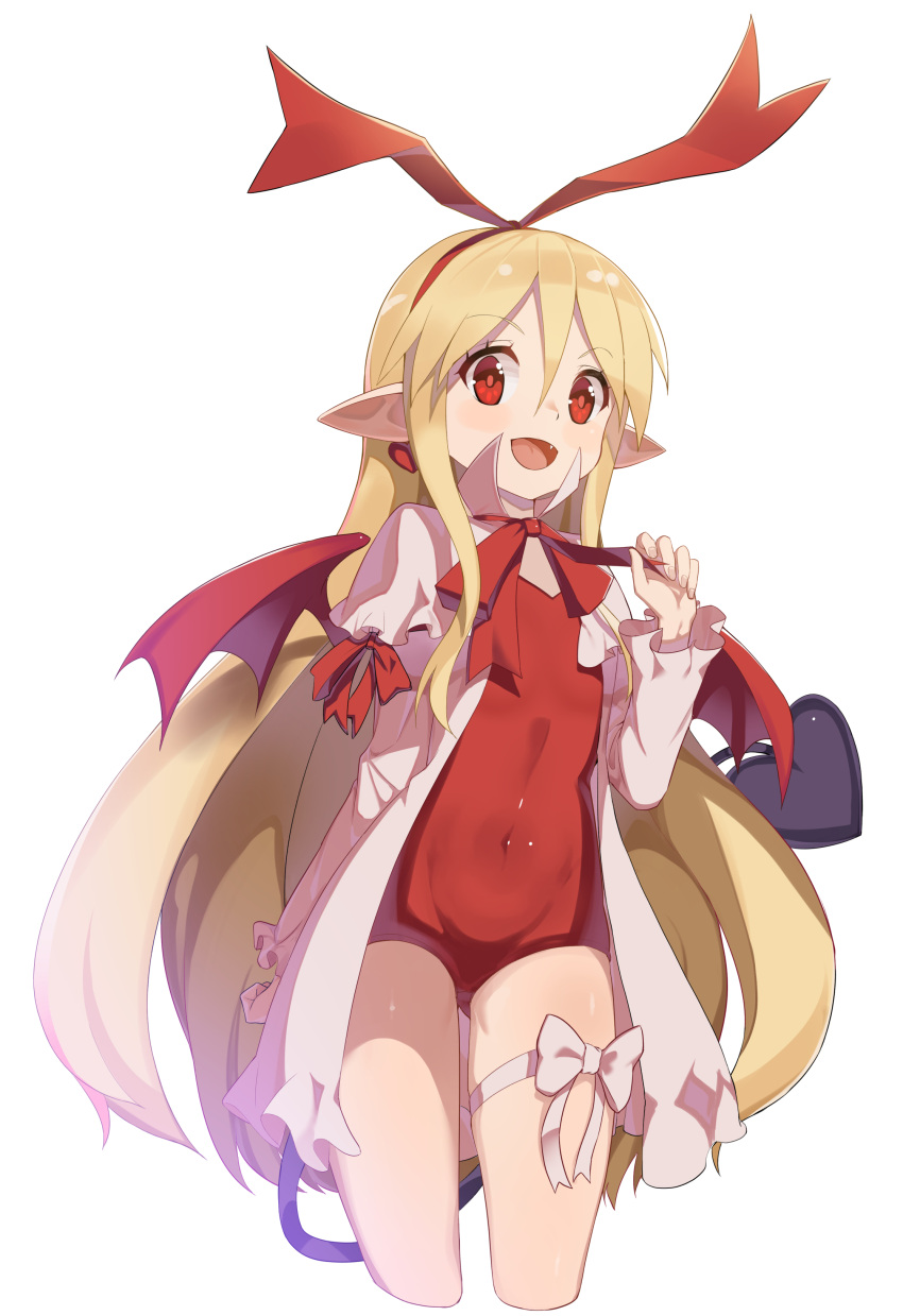 1girl absurdres bat_wings blonde_hair bow bowtie covered_navel demon_tail disgaea flonne flonne_(fallen_angel) hairband highres long_hair looking_at_viewer ohihil open_mouth red_bow red_eyes red_hairband red_wings simple_background smile solo tail tail_bow white_background white_bow wings