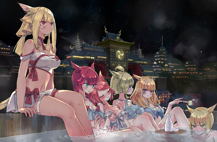 6+girls animal_ears architecture bangs bare_shoulders bikini bikini_top blonde_hair blue_eyes blunt_bangs blush bottle braid breasts cat_ears cat_tail city cleavage contrapposto criss-cross_halter detached_collar east_asian_architecture eyebrows_visible_through_hair facial_mark final_fantasy final_fantasy_xiv frilled_bikini frills full-face_blush green_eyes halterneck highres hiyo_moo hot_tub jacket long_hair medium_breasts miqo'te multiple_girls night open_clothes open_jacket open_mouth partially_submerged pleated_skirt red_eyes redhead sake_bottle sitting skirt sky sleeping star_(sky) starry_sky swept_bangs swimsuit tail thigh_strap tokkuri twin_braids water white_bikini