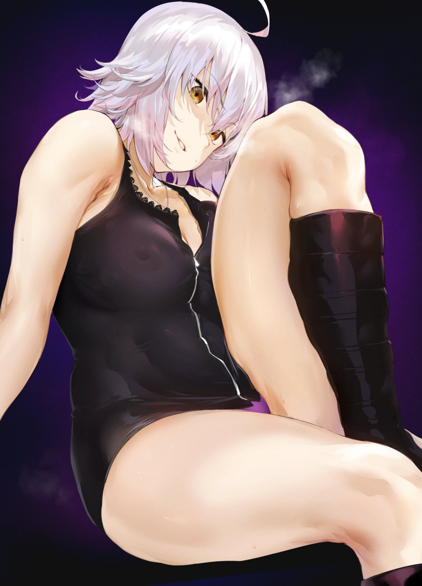1girl bangs bare_shoulders boots breasts cleavage commentary_request fate/grand_order fate_(series) grin highres iku_(ikuchan_kaoru) jeanne_d'arc_(alter)_(fate) jeanne_d'arc_(fate)_(all) looking_at_viewer panties purple_panties short_hair silver_hair sitting sleeveless smile solo sweat underwear wicked_dragon_witch_ver._shinjuku_1999 yellow_eyes