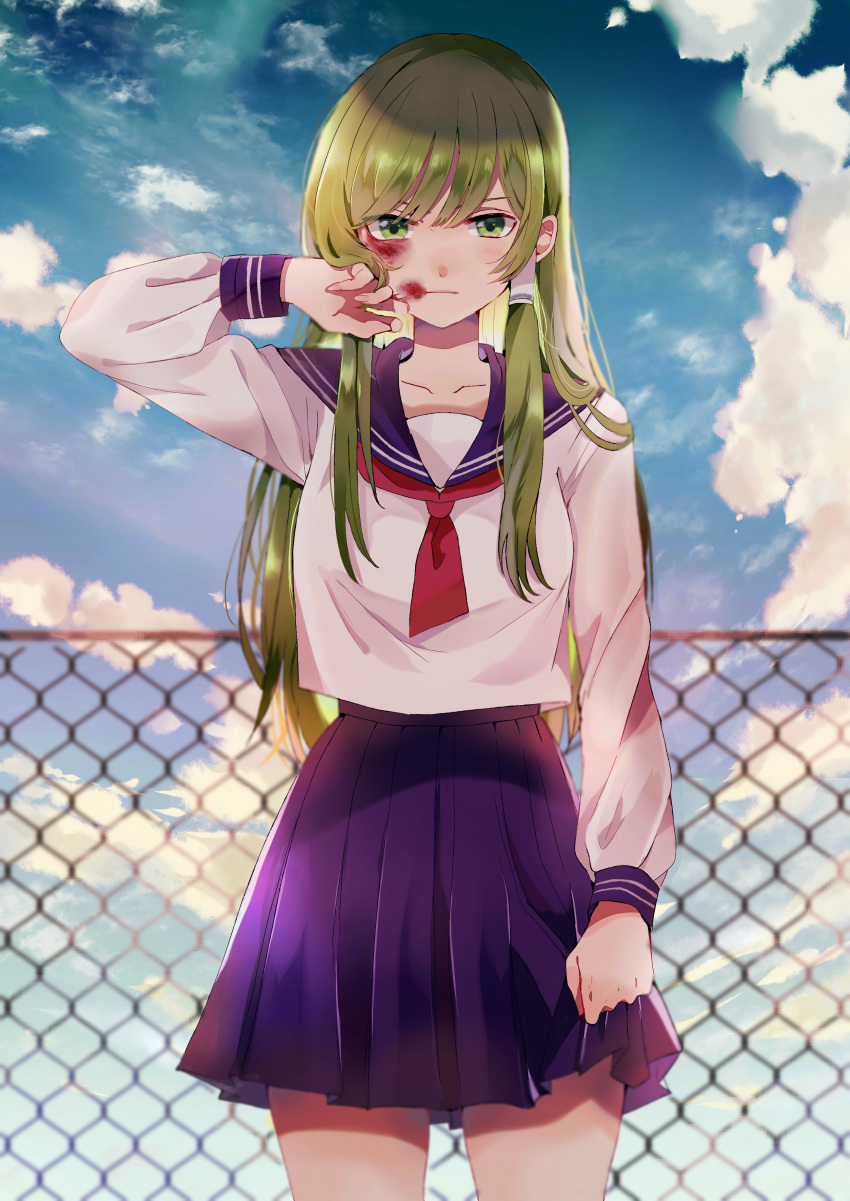 1girl absurdres alternate_costume arm_up bangs blood blood_on_face blue_sailor_collar blue_sky blush bruise bruise_on_face chain-link_fence clouds collarbone commentary_request contemporary cowboy_shot day fence green_eyes green_hair hair_tubes highres injury kochiya_sanae long_hair long_sleeves looking_at_viewer neckerchief outdoors potesara purple_skirt red_neckwear sailor_collar school_uniform serafuku sidelocks skirt sky solo standing thighs touhou very_long_hair white_serafuku