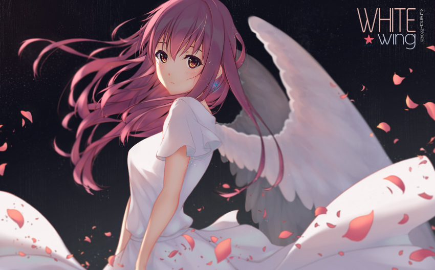 1girl angel_wings bangs black_background brown_eyes feathered_wings floating_hair from_side hair_between_eyes kurenaiz long_hair long_skirt looking_at_viewer original petals purple_hair shirt short_sleeves skirt solo standing very_long_hair white_shirt white_skirt white_wings wings