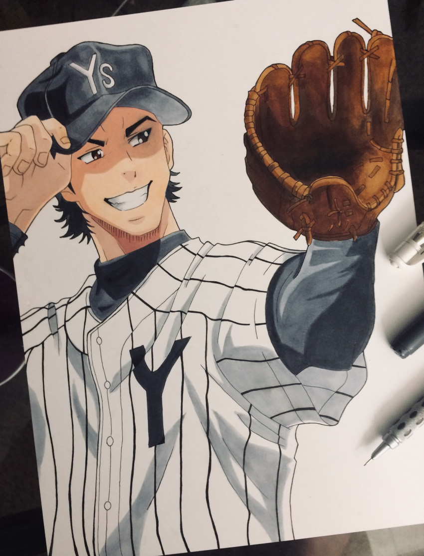 1boy ace_of_diamond adjusting_clothes adjusting_hat baseball_cap baseball_glove baseball_uniform black_hair black_headwear hat highres long_sleeves male_focus sanada_shunpei smile solo sportswear standing traditional_media zeezeetop_(cody)