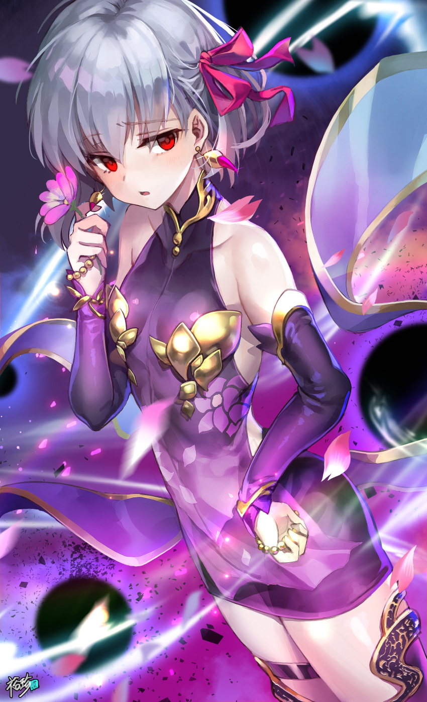 1girl absurdres bangs bare_shoulders blush breasts detached_sleeves dress earrings eyebrows_visible_through_hair fate/grand_order fate_(series) flower hair_between_eyes hair_ribbon highres holding holding_flower jewelry kama_(fate/grand_order) kyjsogom looking_at_viewer open_mouth purple_dress purple_sleeves red_eyes red_ribbon ribbon short_hair sidelocks signature silver_hair sleeveless sleeveless_dress smile solo thigh-highs