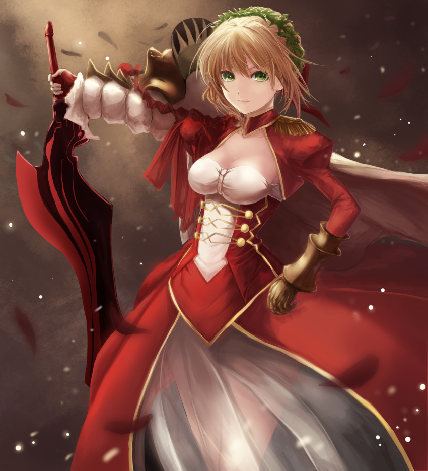 1girl aestus_estus ahoge blonde_hair braid breasts choker cleavage collarbone commentary_request dress epaulettes fate/extra fate/grand_order fate_(series) fingerless_gloves french_braid gauntlets gloves green_eyes hair_between_eyes hair_intakes hair_ribbon herigaru_(fvgyvr000) highres holding holding_sword holding_weapon juliet_sleeves large_breasts long_sleeves looking_at_viewer medium_breasts nero_claudius_(fate) nero_claudius_(fate)_(all) puffy_sleeves red_dress red_gloves red_ribbon red_skirt red_sleeves ribbon saber_extra see-through short_hair shrug_(clothing) skirt smile solo standing sword weapon wide_sleeves