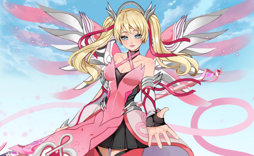 1girl absurdres alternate_costume alternate_hairstyle arm_ribbon bare_shoulders black_skirt blonde_hair blue_eyes blue_sky blush breasts cleavage clouds collarbone cowboy_shot criss-cross_halter day dress elbow_gloves faulds fingerless_gloves foreshortening gloves hair_ribbon halterneck highres holding holding_staff jirafuru light_particles light_smile lips looking_at_viewer mechanical_halo mechanical_wings medium_breasts mercy_(overwatch) miniskirt nose outdoors outstretched_hand overwatch parted_lips pelvic_curtain pink_dress pink_legwear pink_lips pink_mercy pink_ribbon pink_wings pleated_skirt ribbon skirt sky sleeveless sleeveless_dress solo staff thigh-highs twintails wings
