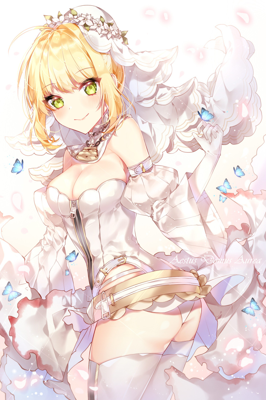1girl ahoge bangs blonde_hair blush breasts bug butterfly chains closed_mouth detached_sleeves eyebrows_visible_through_hair fate/extra fate/extra_ccc fate/grand_order fate_(series) gloves green_eyes hair_between_eyes highres insect leotard lock looking_at_viewer medium_breasts nero_claudius_(bride)_(fate) nero_claudius_(fate)_(all) smile standing symbol_commentary taya_5323203 thigh-highs veil white_background white_gloves white_legwear white_leotard wide_sleeves zipper_pull_tab