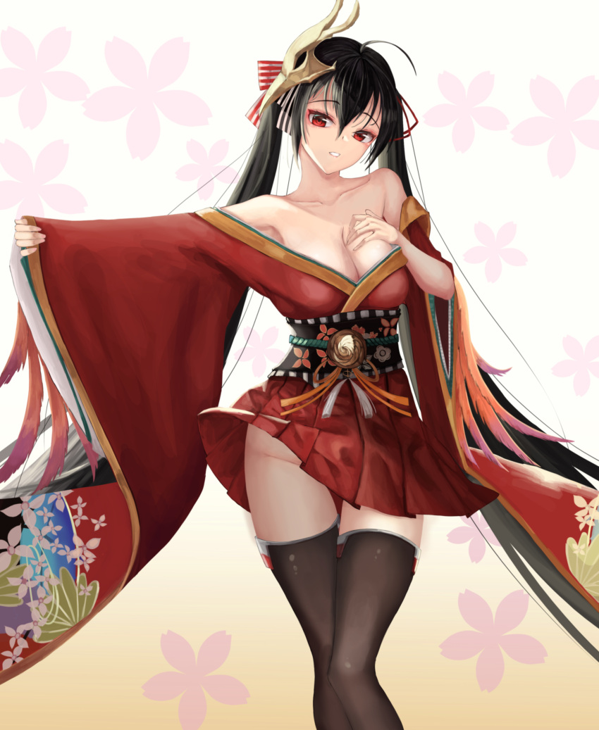 1girl absurdres ahoge azur_lane black_hair black_legwear bow breasts cleavage collarbone floral_background floral_print hair_between_eyes hair_bow hair_ribbon highres japanese_clothes kimono long_hair long_sleeves mask mask_on_head medium_breasts miniskirt nekobell no_panties off_shoulder outstretched_arm parted_lips pleated_skirt print_sleeves red_eyes red_kimono red_ribbon red_skirt ribbon skirt solo standing striped striped_bow taihou_(azur_lane) thigh-highs thigh_gap twintails very_long_hair white_background wide_sleeves