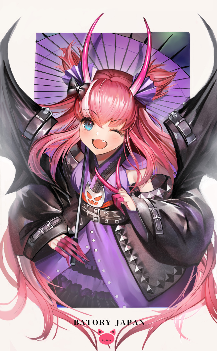 1girl ;d absurdres black_wings dress elizabeth_bathory_(fate) elizabeth_bathory_(fate)_(all) fang fate/grand_order fate_(series) floating_hair highres horns layered_dress long_hair long_sleeves looking_at_viewer one_eye_closed open_mouth para3318 pink_hair purple_dress sleeveless sleeveless_dress smile solo standing two_side_up v very_long_hair wings