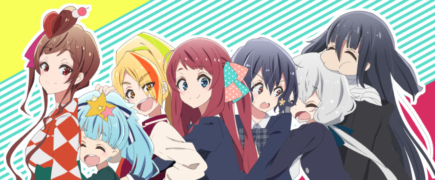 6+girls aqua_hair bandage biting black_dress black_hair blonde_hair blue_eyes bow breasts brown_hair child dress hair_ornament head_biting hoshikawa_lily jacket jyaguchi2 konno_junko large_breasts letterman_jacket light_green_hair long_hair low_twintails minamoto_sakura mizuno_ai multicolored_hair multiple_girls nikaidou_saki orange_hair polka_dot polka_dot_bow red_eyes sailor_dress short_hair side_ponytail star star_hair_ornament streaked_hair twintails very_long_hair white_hair yamada_tae yuugiri_(zombie_land_saga) zombie_land_saga