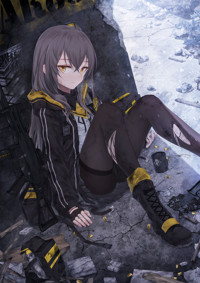 1girl ass bae.c bangs black_footwear black_gloves black_jacket black_legwear blush boots brown_eyes brown_hair closed_mouth cross-laced_footwear crossed_bangs day dirty_clothes dress_shirt eyebrows_visible_through_hair fingerless_gloves girls_frontline gloves grey_hair gun h&amp;k_ump45 hair_between_eyes hair_ornament head_tilt highres injury jacket lace-up_boots long_hair looking_at_viewer one_side_up open_clothes open_jacket outdoors panties panties_under_pantyhose pantyhose scar scar_across_eye shell_casing shirt sidelocks sitting skirt smile solo thighband_pantyhose torn_clothes torn_legwear ump45_(girls_frontline) underwear very_long_hair weapon white_shirt yellow_eyes