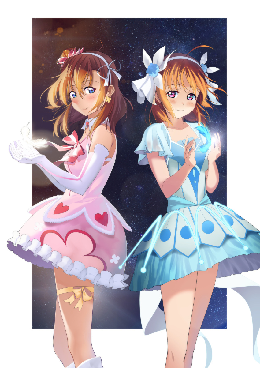 2girls absurdres bangs blue_eyes blue_feathers bokutachi_wa_hitotsu_no_hikari breasts commentary_request earrings elbow_gloves eyebrows_visible_through_hair gloves hair_bun hairband heart highres jewelry kousaka_honoka love_live! love_live!_school_idol_project love_live!_sunshine!! medium_breasts medium_hair multiple_girls night night_sky orange_hair red_eyes redame short_hair short_sleeves sidelocks sky sleeveless standing star_(sky) starry_sky takami_chika water_blue_new_world white_feathers