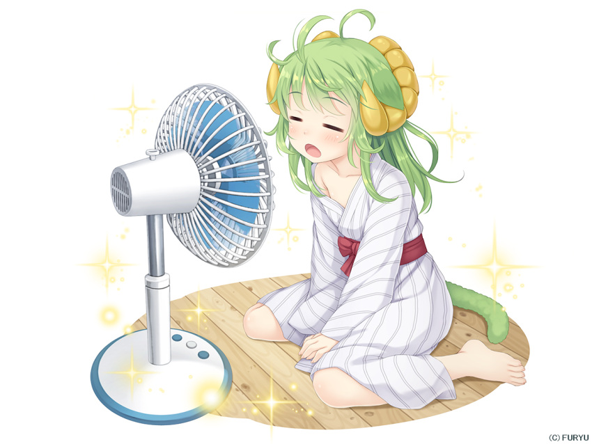 1girl animal_ears asatsuki_(monmusu_harem) bangs blush closed_eyes electric_fan eyebrows_visible_through_hair fan_speaking full_body green_hair horns japanese_clothes leaning_forward long_hair monmusu_harem namaru_(summer_dandy) official_art open_mouth sheep_ears sheep_girl sheep_horns shiny shiny_hair short_hair sitting solo sparkle tail wariza white_background