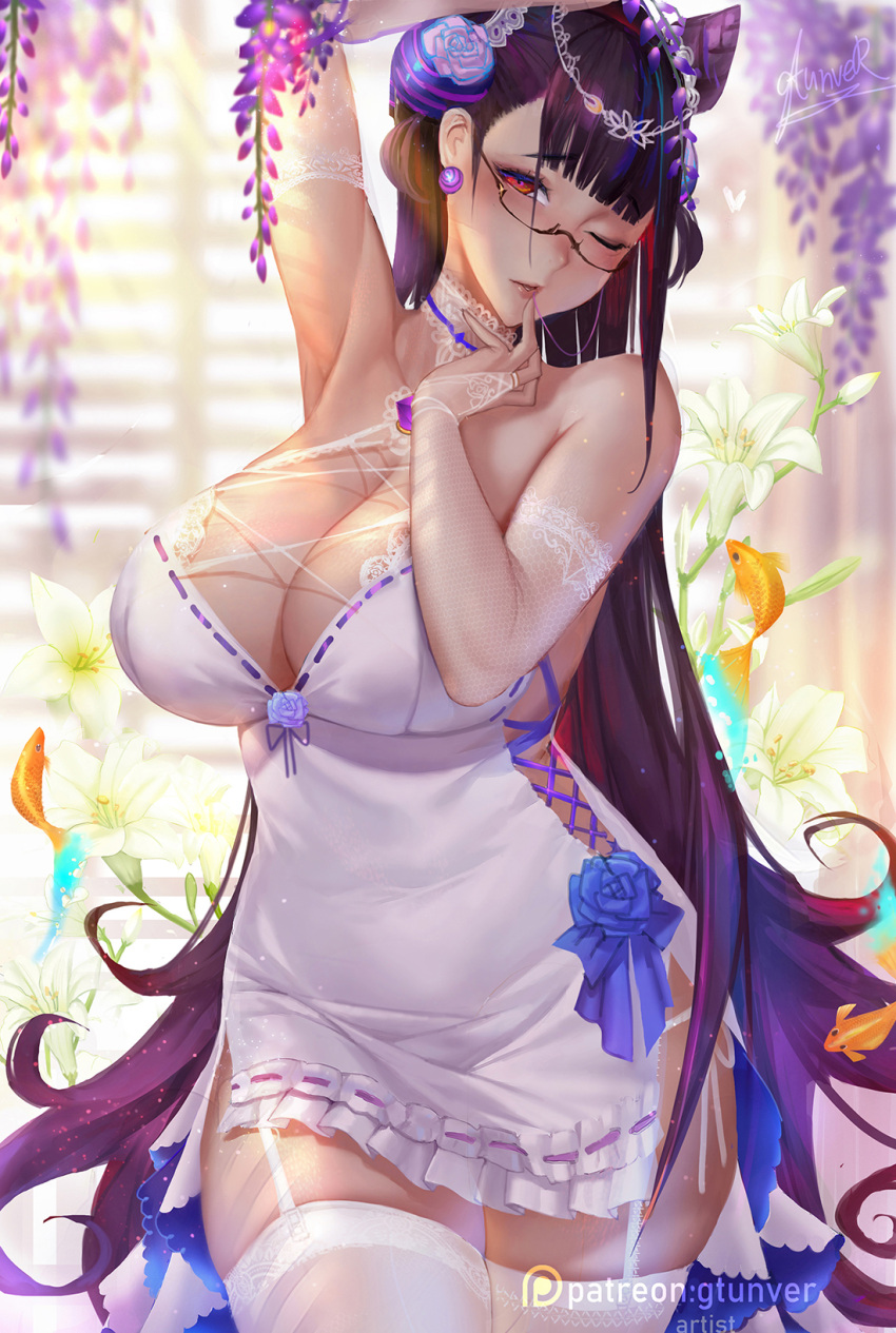 1girl arms_up bangs blue_flower blue_rose blush breasts bridal_gauntlets brown_hair cleavage commentary_request cowboy_shot cross-laced_clothes double_bun dress eyebrows_visible_through_hair fate/grand_order fate_(series) finger_to_mouth fish flower frills garter_straps glasses gloves goldfish groin gtunver hair_between_eyes hair_ornament halter_dress highres huge_breasts lace lace_gloves large_breasts lily_(flower) long_hair looking_at_viewer murasaki_shikibu_(fate) navel one_eye_closed panties parted_lips purple_flower red_eyes ribbon-trimmed_clothes ribbon_trim rose semi-rimless_eyewear side-tie_panties solo stomach thigh-highs two_side_up underwear very_long_hair violet_eyes white_flower white_legwear wisteria