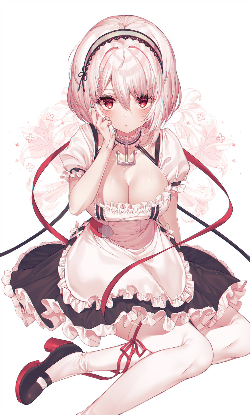 1girl absurdres anchor_choker apron azur_lane black_footwear blush breasts choker cleavage closed_mouth collarbone dress eyebrows_visible_through_hair eyelashes frilled_apron frilled_choker frilled_dress frills hair_between_eyes hand_in_hair hand_up high_heels highres kinty lace-trimmed_hairband large_breasts legs looking_at_viewer maid_apron puffy_sleeves red_eyes red_ribbon ribbon ribbon-trimmed_legwear ribbon_trim short_hair short_sleeves sidelocks silver_hair simple_background sirius_(azur_lane) sitting solo thigh-highs waist_apron white_apron white_background white_legwear