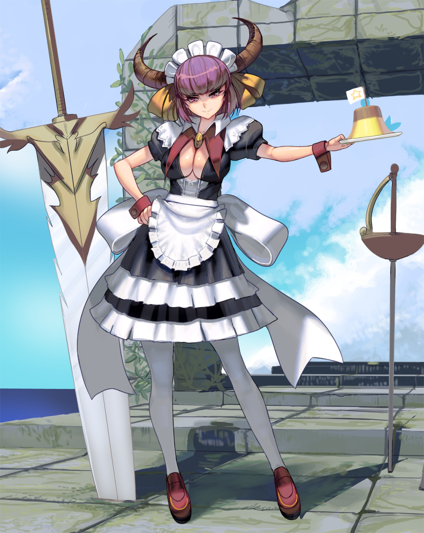 1girl apron breasts cleavage demon_girl demon_horns dress food highres horns looking_at_viewer maid maid_headdress masao original pudding puffy_sleeves purple_hair short_hair short_sleeves smile solo sword violet_eyes weapon wrist_cuffs