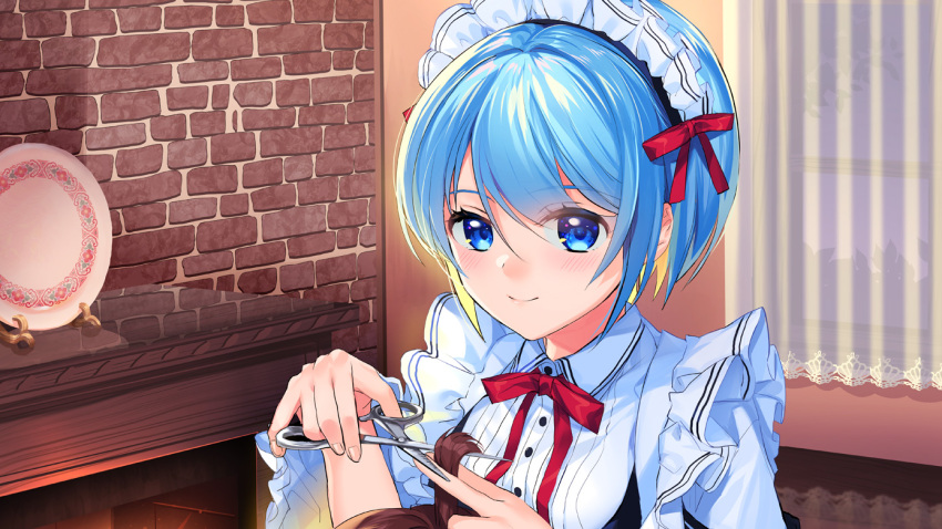 1girl blue_eyes blue_hair blush brick_wall curtains cutting_hair fireplace hair_ribbon holding holding_scissors indoors looking_at_viewer maid mochiko_kagamino official_art original plate red_ribbon ribbon scissors short_hair smile solo_focus upper_body