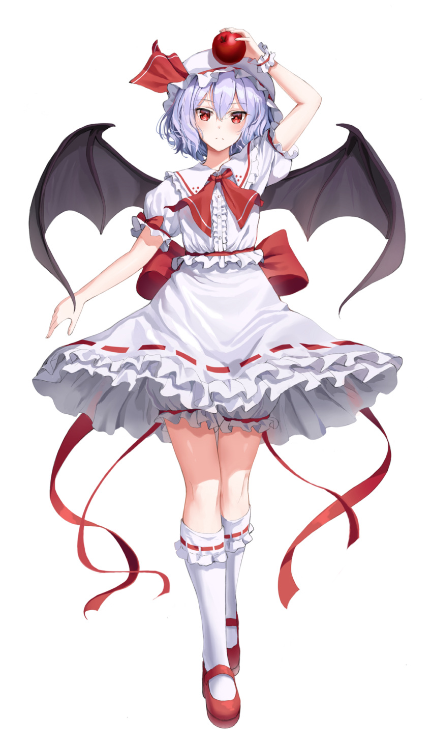 1girl apple bangs bat_wings bloomers bow commentary_request cravat dress eyebrows_visible_through_hair food frilled_shirt frilled_shirt_collar frilled_sleeves frills fruit full_body hair_between_eyes hat hat_ribbon highres holding holding_food mary_janes mob_cap pink_dress puffy_short_sleeves puffy_sleeves purple_hair red_apple red_bow red_eyes red_footwear red_ribbon remilia_scarlet ribbon ribbon_trim sash shirt shoes short_hair short_sleeves sidelocks simple_background solo superpig touhou underwear white_background white_legwear wings wrist_cuffs