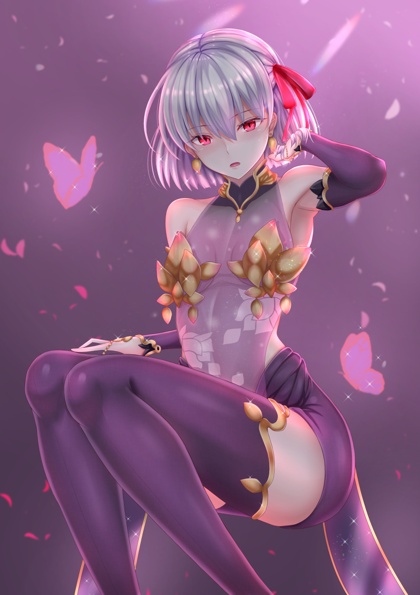 1girl absurdres armpits bangs bare_shoulders blush breasts bug butterfly commentary_request covered_navel detached_sleeves dress earrings eyebrows_visible_through_hair fate/grand_order fate_(series) glint gold_trim hair_between_eyes hair_ribbon hand_in_hair highres insect jewelry kama_(fate/grand_order) looking_at_viewer open_mouth penguintake purple_dress purple_legwear purple_sleeves red_eyes red_ribbon ribbon see-through short_hair sidelocks silver_hair sitting sleeveless sleeveless_dress smile solo thigh-highs