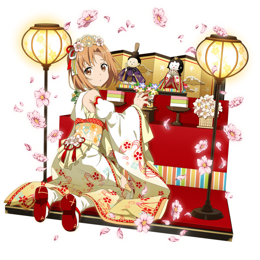 1girl asuna_(sao) brown_eyes brown_hair floral_print flower from_above full_body hair_flower hair_ornament hair_ribbon highres hina_ningyou japanese_clothes kimono kneeling long_sleeves looking_at_viewer looking_back official_art parted_lips petals pink_flower print_kimono print_sleeves red_ribbon ribbon short_hair sleeveless sleeveless_kimono solo sword_art_online transparent_background white_legwear white_ribbon wide_sleeves yellow_kimono yellow_sleeves younger