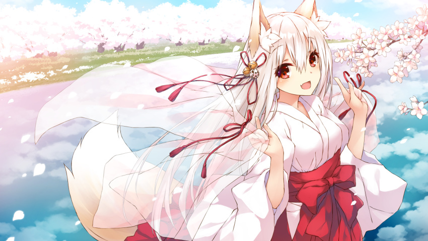 1girl :d animal_ear_fluff animal_ears bangs bell blue_sky blush breasts commentary_request day eyebrows_visible_through_hair fang flower fox_ears fox_girl fox_tail hair_bell hair_between_eyes hair_ornament hair_ribbon hakama highres holding japanese_clothes jingle_bell kimono looking_at_viewer miko open_mouth original outdoors petals red_eyes red_hakama red_ribbon reflection ribbon river saeki_touma see-through sky small_breasts smile solo tail tree tree_branch water white_flower white_hair white_kimono