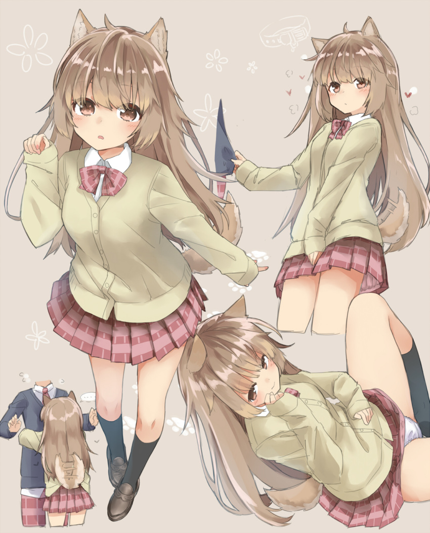 ... 1girl afterimage animal_ears bangs black_legwear blush brown_background brown_cardigan brown_eyes brown_footwear brown_hair cardigan closed_mouth collared_shirt commentary_request dog_ears dog_girl dog_tail dress_shirt eyebrows_visible_through_hair flying_sweatdrops hair_between_eyes hand_up heart highres hug kneehighs loafers long_hair long_sleeves multiple_views original panties parted_lips plaid plaid_skirt pleated_skirt red_skirt school_uniform sekira_ame shirt shirt_tug shoes simple_background sitting skirt sleeves_past_wrists spoken_ellipsis tail tail_wagging underwear very_long_hair white_panties white_shirt