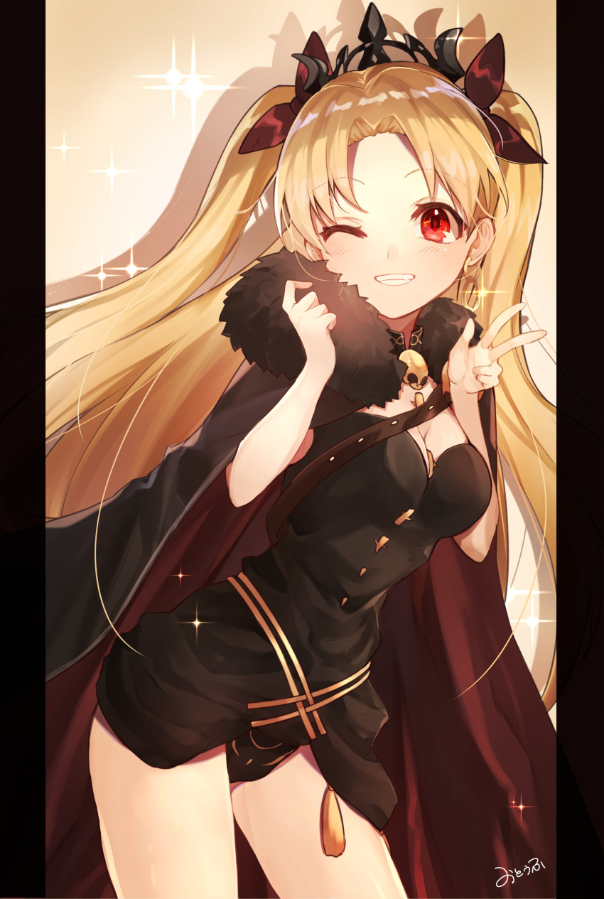 1girl absurdres between_breasts black_cape black_dress black_leotard blonde_hair blush breasts cape cleavage dress earrings ereshkigal_(fate/grand_order) fate/grand_order fate_(series) fur-trimmed_cape fur_trim glint grin hair_ribbon highres infinity jewelry leotard long_hair looking_at_viewer medium_breasts multicolored multicolored_cape multicolored_clothes one_eye_closed otoufu_(gotouhu) red_cape red_eyes red_ribbon ribbon signature skull smile solo sparkle spine tiara two_side_up very_long_hair