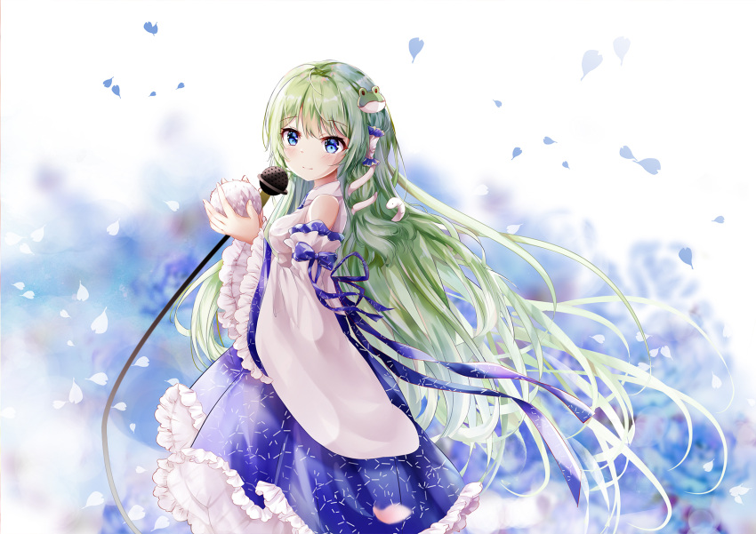 1girl bangs bare_shoulders blue_eyes blue_skirt blush closed_mouth commentary_request detached_sleeves eyebrows_visible_through_hair fingernails frilled_skirt frilled_sleeves frills frog_hair_ornament green_hair hair_between_eyes hair_ornament hair_tubes highres holding japanese_clothes kimono kochiya_sanae long_hair long_sleeves looking_at_viewer looking_to_the_side microphone mutang petals pleated_skirt skirt sleeveless sleeveless_kimono smile snake_hair_ornament solo touhou very_long_hair white_kimono white_sleeves wide_sleeves
