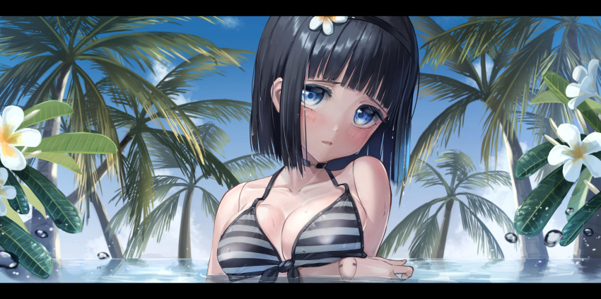 1girl aconatsu_(konatu-aomi) bangs bare_arms bare_shoulders bathing bikini_top black_choker black_hair black_hairband blue_eyes blue_sky blunt_bangs blush bob_cut breast_hold breasts choker cleavage collarbone commentary_request day doll_joints embarrassed flower hair_flower hair_ornament hairband head_tilt highres large_breasts letterboxed looking_at_viewer open_mouth original palm_tree partially_submerged plant short_hair sky solo striped_bikini_top tree upper_body water white_flower