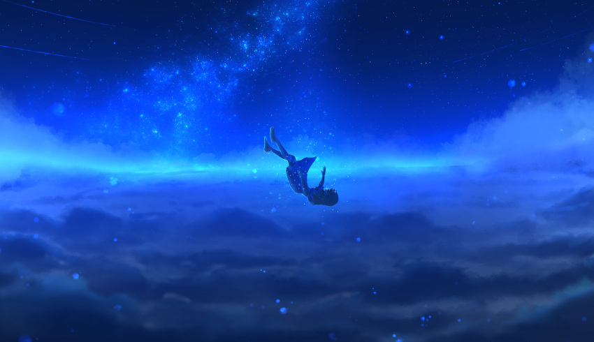 1girl adsuger barefoot blue_sky blue_theme clouds commentary_request dark dress falling galaxy highres light_particles milky_way night night_sky original scenery shooting_star silhouette sky solo sparkle star star_(sky) starry_sky