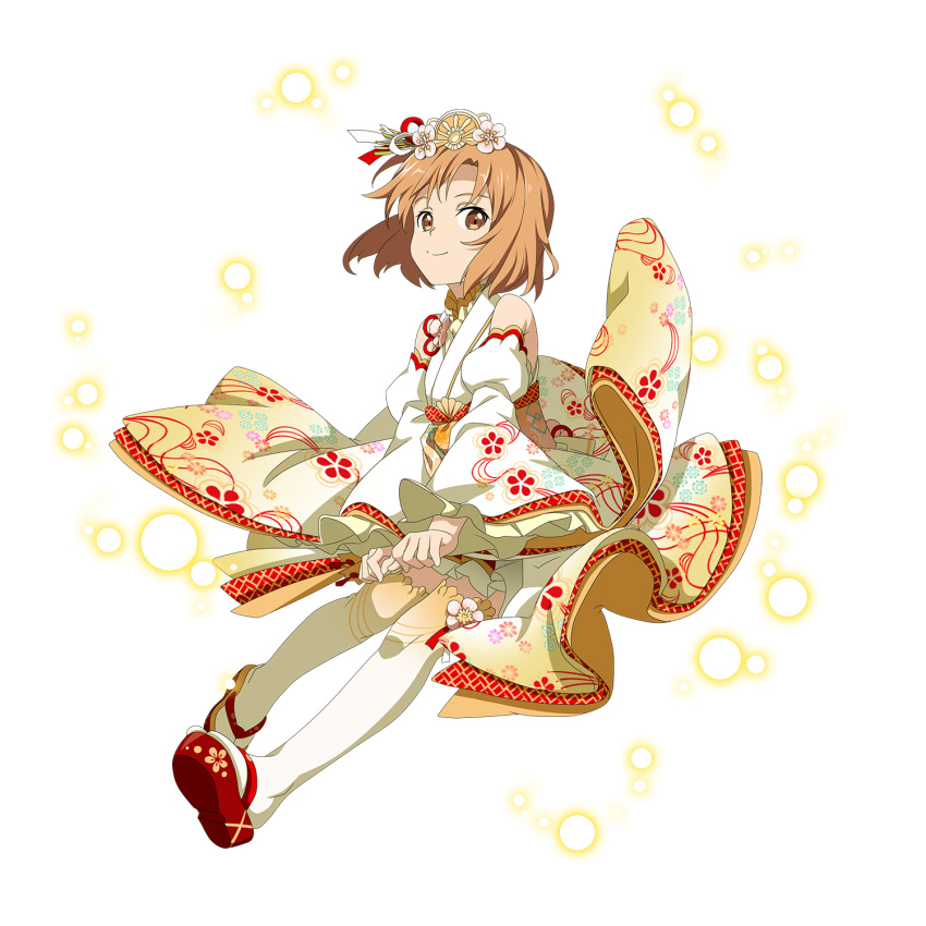 1girl asuna_(sao) brown_eyes brown_hair floral_print flower full_body gradient_legwear hair_flower hair_ornament hair_ribbon highres japanese_clothes kimono long_sleeves looking_at_viewer official_art pink_flower print_kimono print_sleeves red_footwear red_ribbon ribbon short_hair sleeveless sleeveless_kimono smile solo sword_art_online tabi thigh-highs transparent_background white_legwear white_ribbon wide_sleeves yellow_kimono yellow_sleeves younger