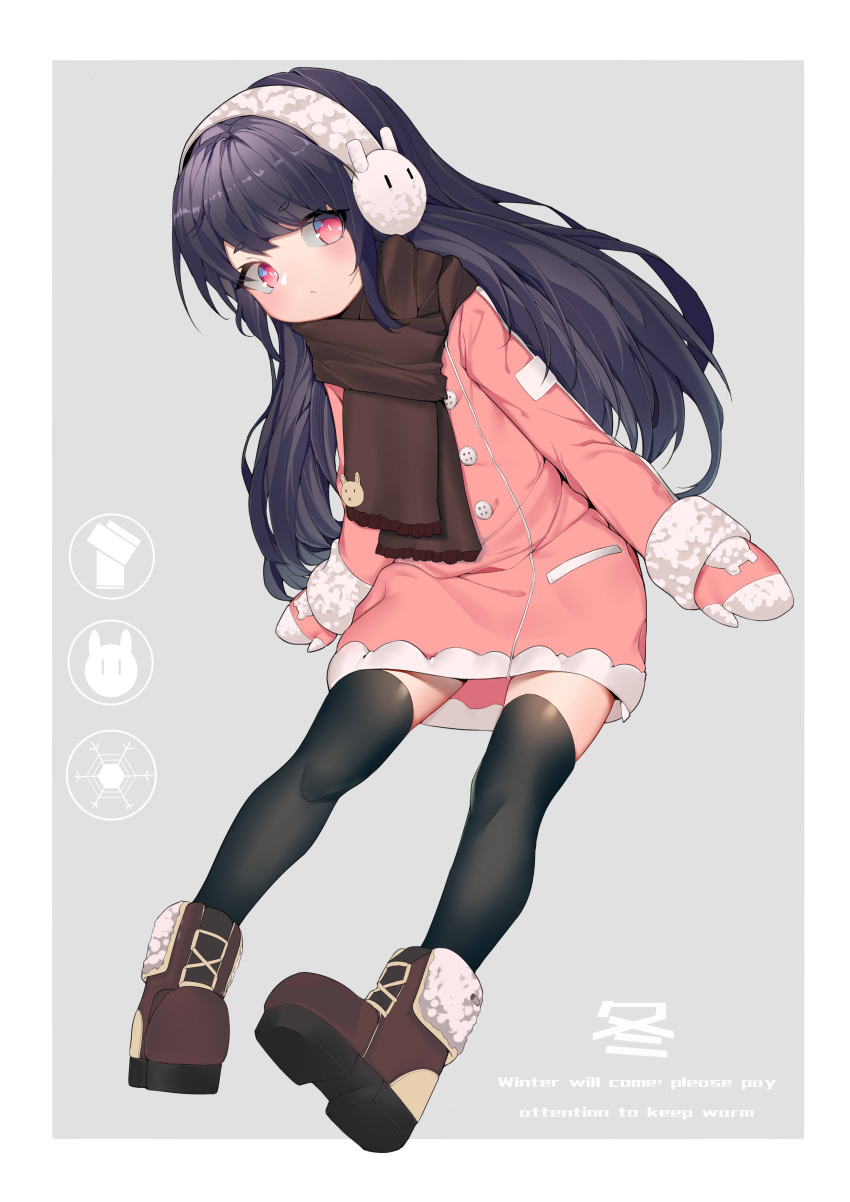 1girl absurdres amoeba_yuanchong black_hair black_legwear blush boots brown_footwear brown_scarf closed_mouth coat earmuffs eyebrows_visible_through_hair grey_background highres long_hair long_sleeves looking_at_viewer mittens original pink_coat pink_eyes scarf simple_background sleeves_past_wrists solo thigh-highs translated very_long_hair